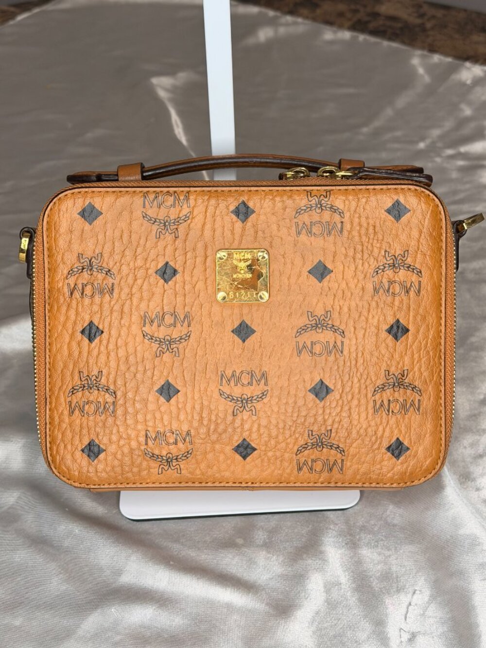 MCM Cognac Brown Visetos Leather Crossbody Camera Bag with Adjustable Strap